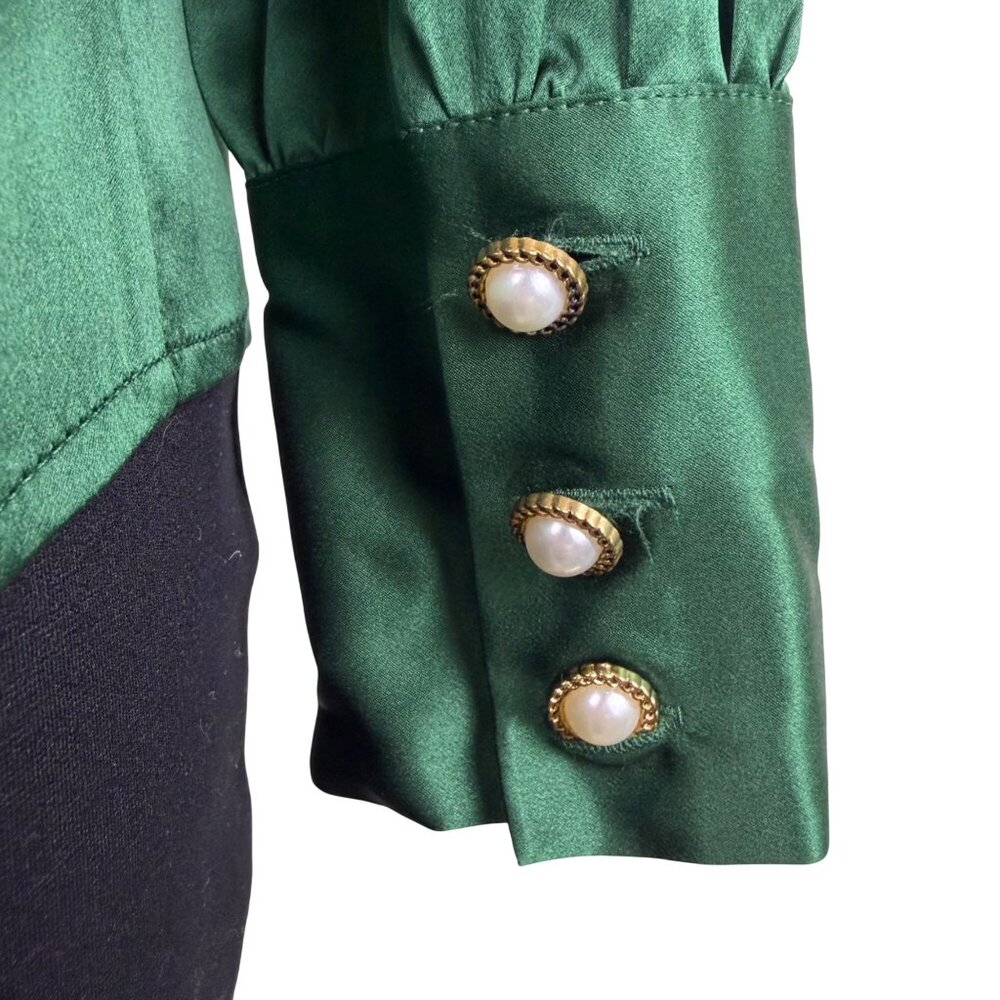 LilySilk Womens Green Mulberry Silk Bow-Tie Blouse Satin Button Cuffs Sz M - Picture 6 of 12